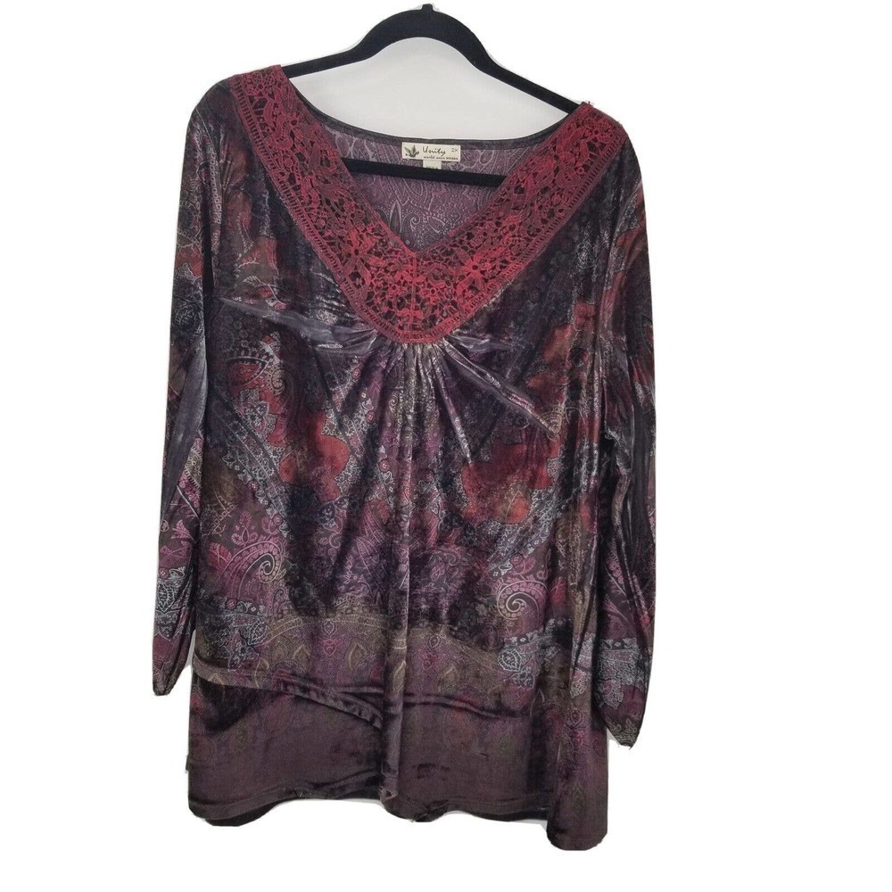 Unity crushed velvet blouse women plus size 2x purple red lace v neck 3/4 sleeve